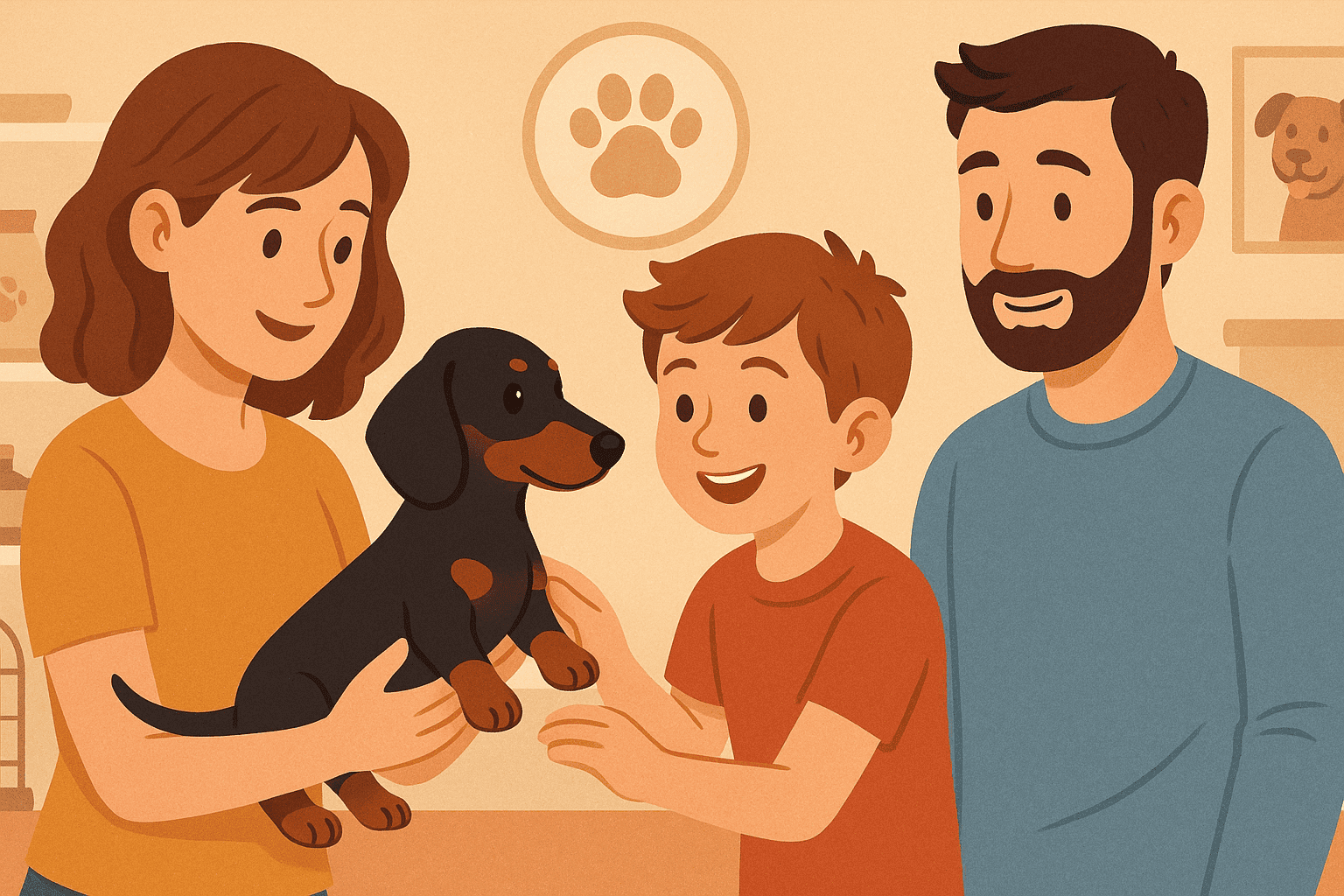 Niños jugando con cachorros dachshund en un jardín junto a sus padres.