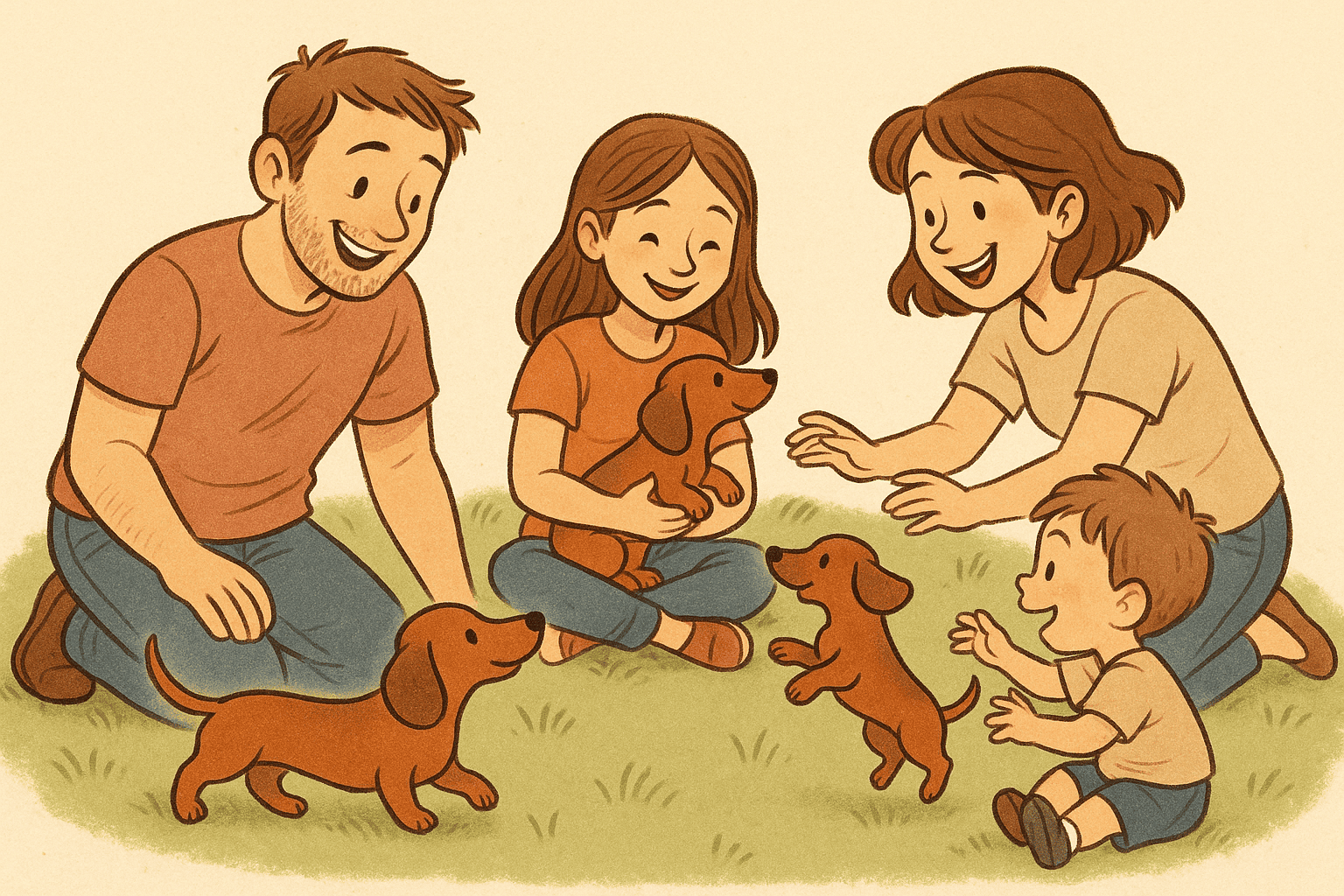 Familia jugando con varios cachorros salchicha al aire libre durante una visita al criador.