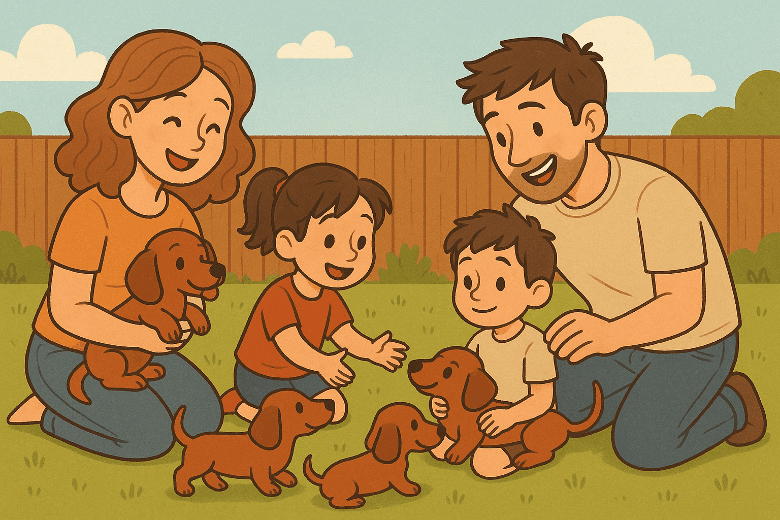 Niños y cachorros dachshund en un jardín